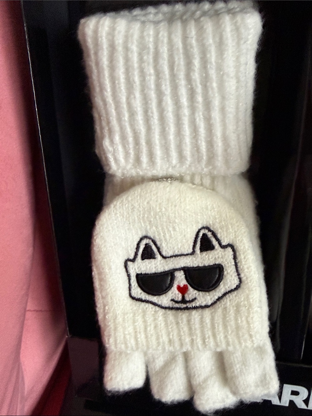 Karl Lagerfeld Kids White Pom-Pom Beanie & Mittens Set - Picture 2 of 4